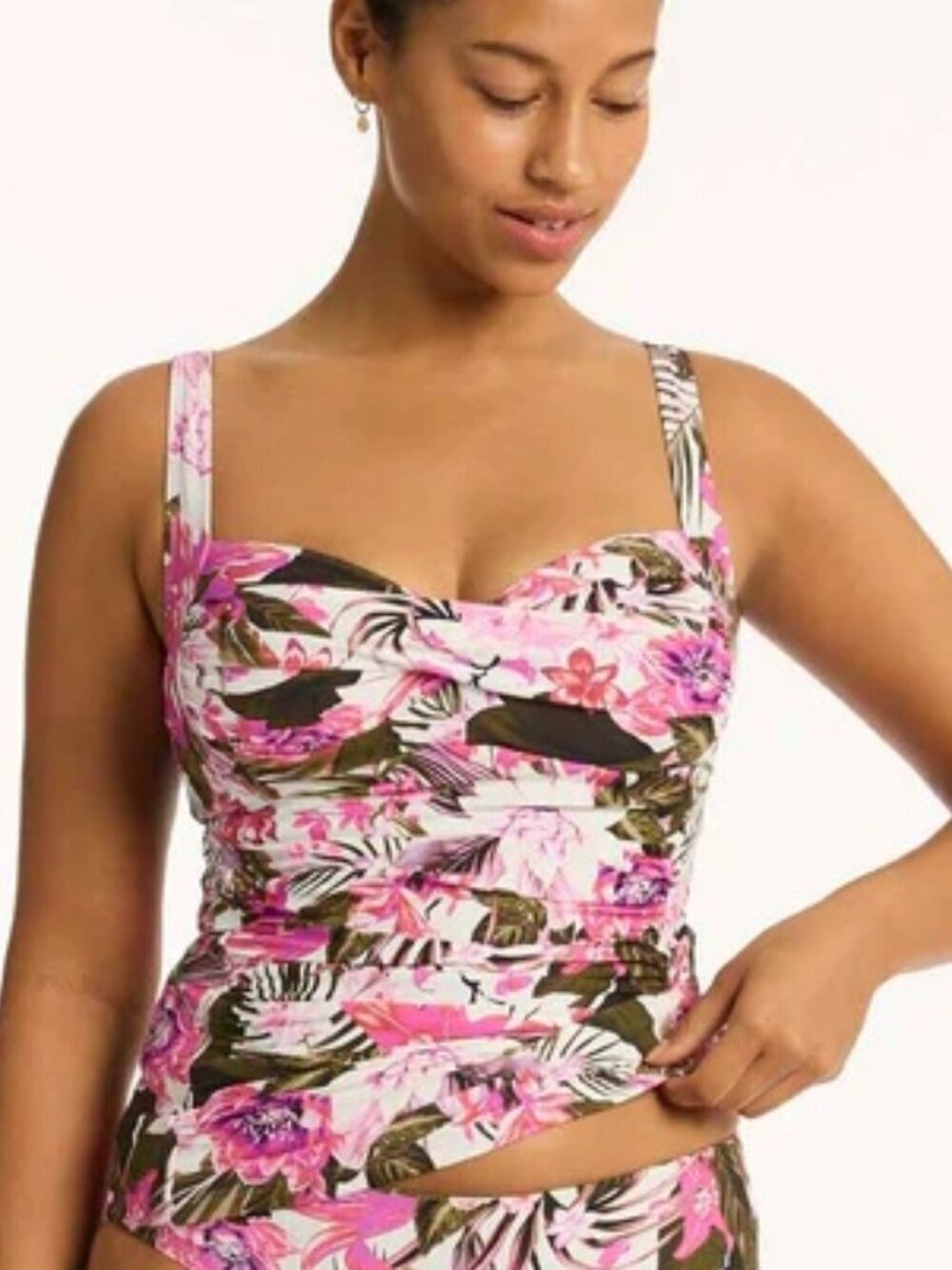 Sea Level Isla Twist Front Multi-Fit Singlet Top White Pink Floral
